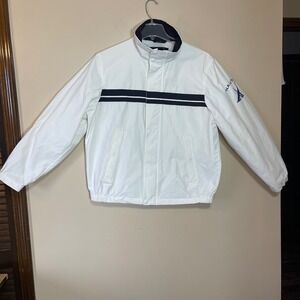 VTG Nautica Mens White Navy Stripe Windbreaker Jacket J73251 Large Sailing Zip